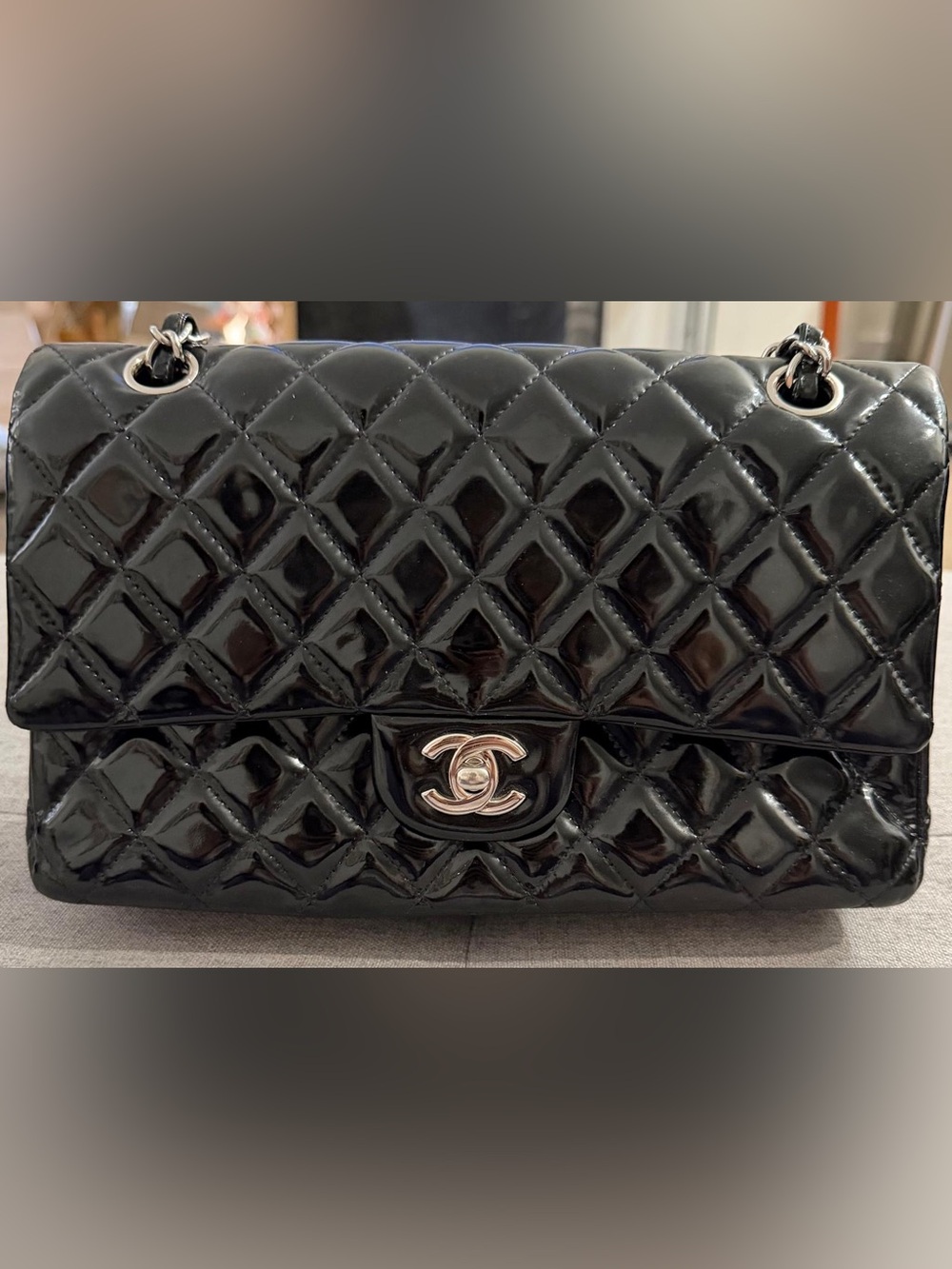 CHANEL Medium Double Flap- Black Patent Leather
